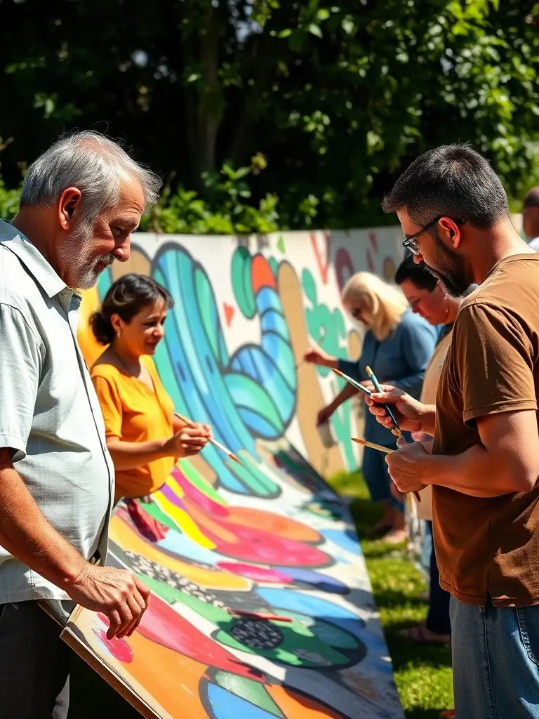 A photo of children and adults engaged in a collaborative mural painting project, adding color and creativity to a community wall in Vaucluse.