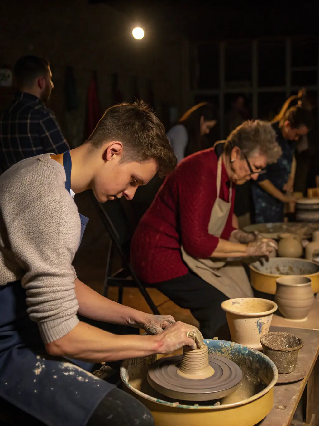 A vibrant image of a pottery class in session, with participants molding clay on spinning wheels, guided by an experienced ceramic artist.