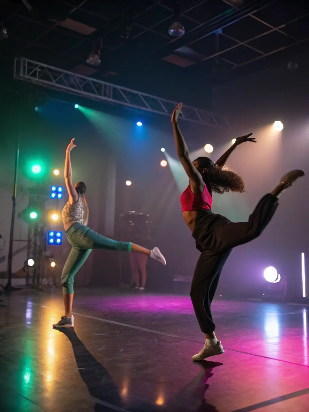 A dynamic photo of a dance class in session, capturing the energy and movement of participants, to be used on U F C V COMITE DEPART VAUCLUSE's website.
